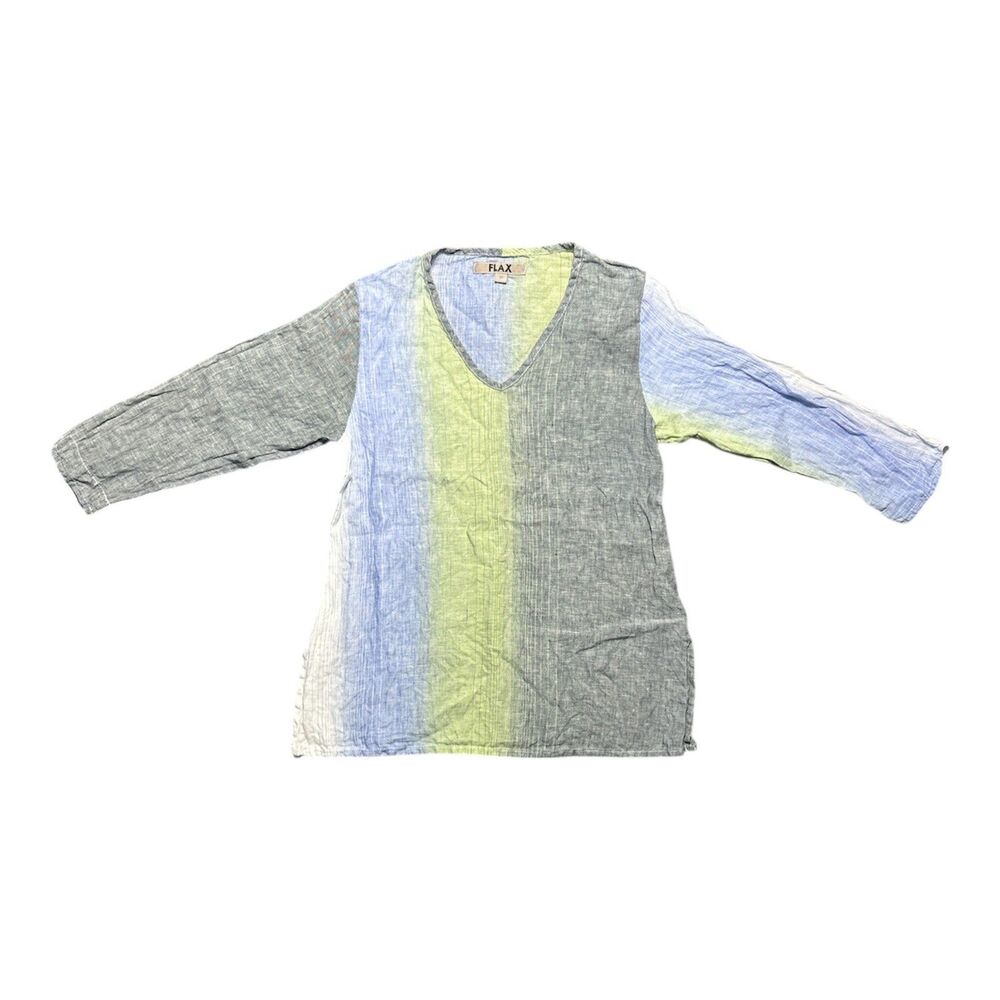 FLAX Linen Blouse Womens Small 3/4 Sleeve Striped Blue Green Gray Top Lagenlook